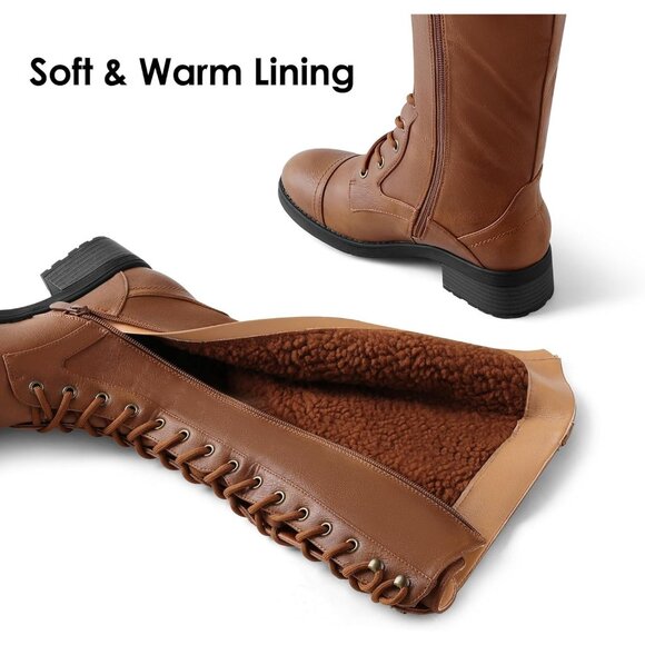 Women's Polyurethane Pu Light Brown Double buckle Knee High Riding Combat Boot - Picture 2 of 7